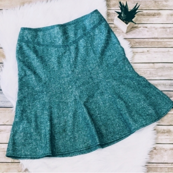LOFT Teal Tweed Fit & Flare Ruffle Wool Silk Blend Skirt Women's 0 Career EUC - Picture 2 of 8